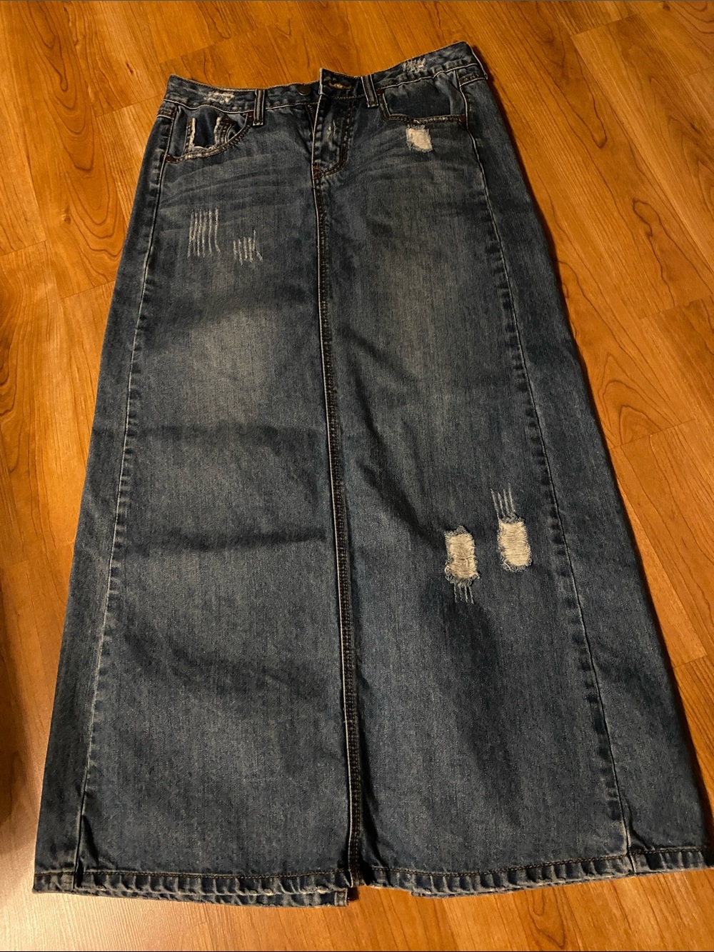 Women's Distressed Dark Blue Denim Maxi Skirt 6